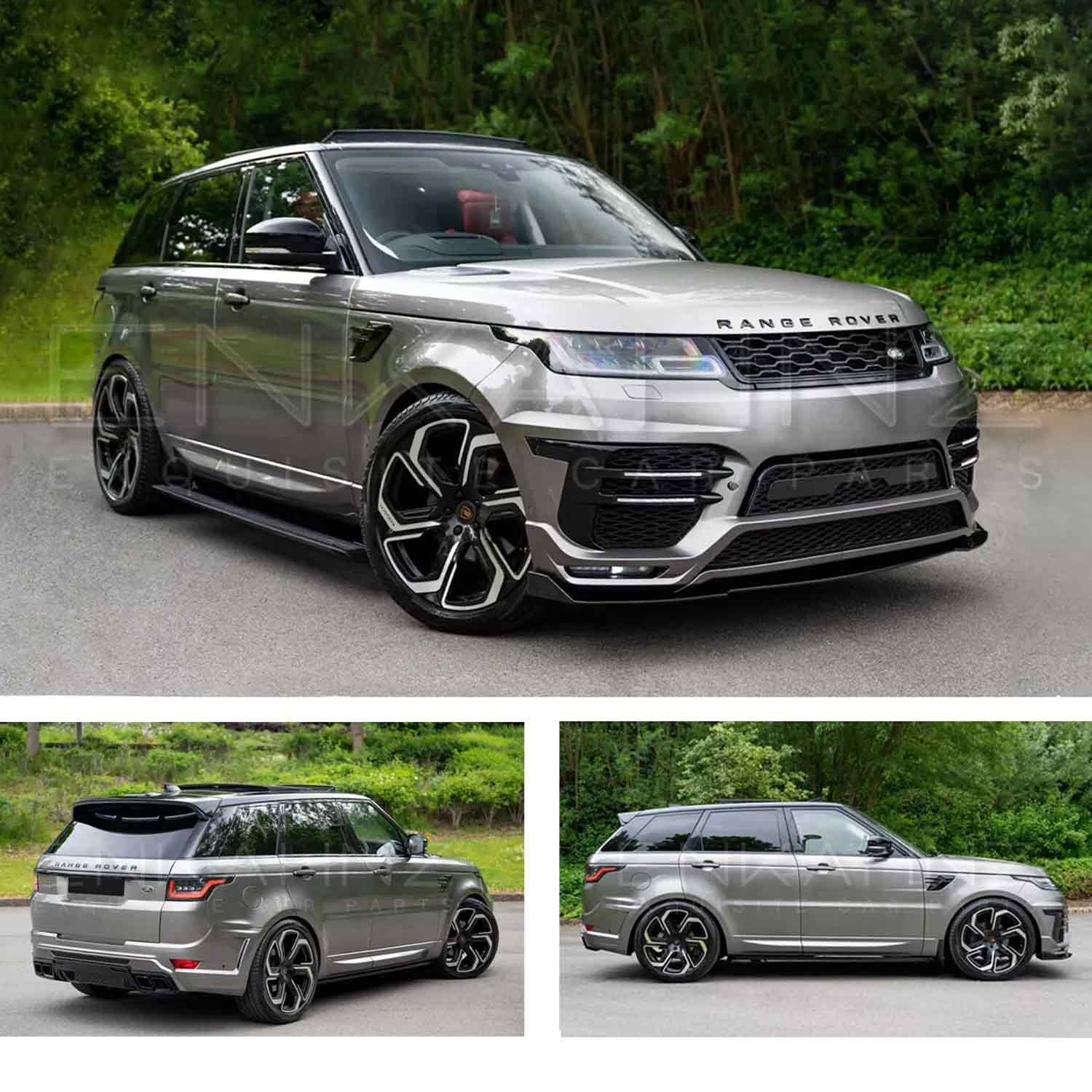 Champagne Range Rover Sport L494 2018-2022, fitted with Barugzai Sport Aero II bodykit parked on a road with greenery in the background. Fitted with Barugzai Sabre 22" alloy wheels in Gloss Black Polished Face