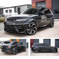 Load image into Gallery viewer, Black Range Rover Sport L494 SUV 2018-2022, fitted with Barugzai Sport Aero II bodykit, parked in front of a building with a collage of three different angles. Fitted with Barugzai Sabre 22" alloy wheels in Gloss Black Polished Face
