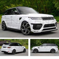 Load image into Gallery viewer, White Range Rover Sport L494 2018-2022, fitted with Barugzai Sport Aero II bodykit, shown from different angles with a green forest background. Fitted with Barugzai Sabre 22" alloy wheels in Gloss Black Polished Face
