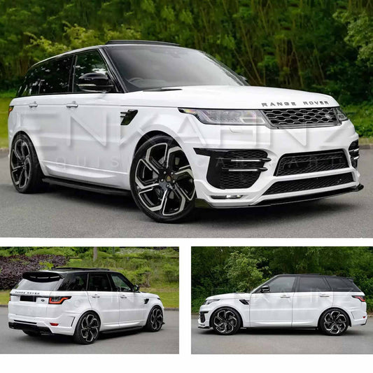 White Range Rover Sport L494 2018-2022, fitted with Barugzai Sport Aero II bodykit, shown from different angles with a green forest background. Fitted with Barugzai Sabre 22" alloy wheels in Gloss Black Polished Face