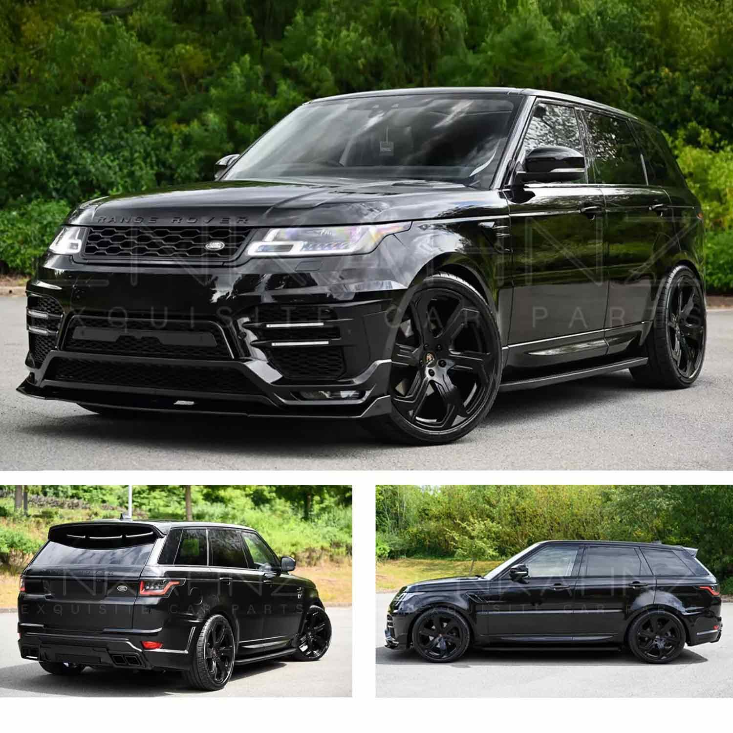 Black Range Rover Sport L494 2018-2022, fitted with Barugzai Sport Aero II bodykit, parked on a road with a hedge in the background. Fitted with Barugzai Sabre 22" alloy wheels in Gloss Black