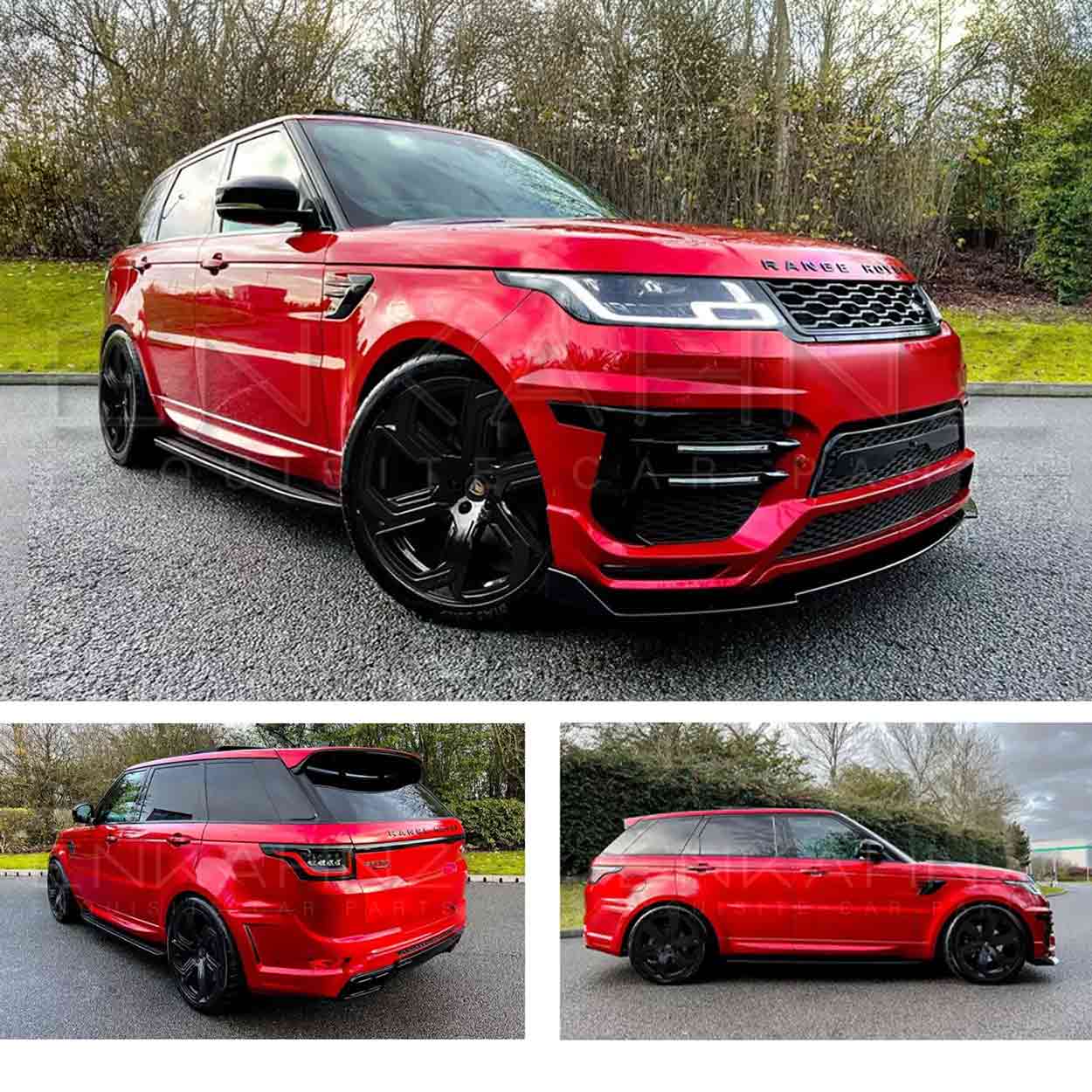 Red Range Rover Sport L494 2018-2022, fitted with Barugzai Sport Aero II bodykit, parked on a road with a hedge in the background. Fitted with Barugzai Sabre 22" alloy wheels in Gloss Black
