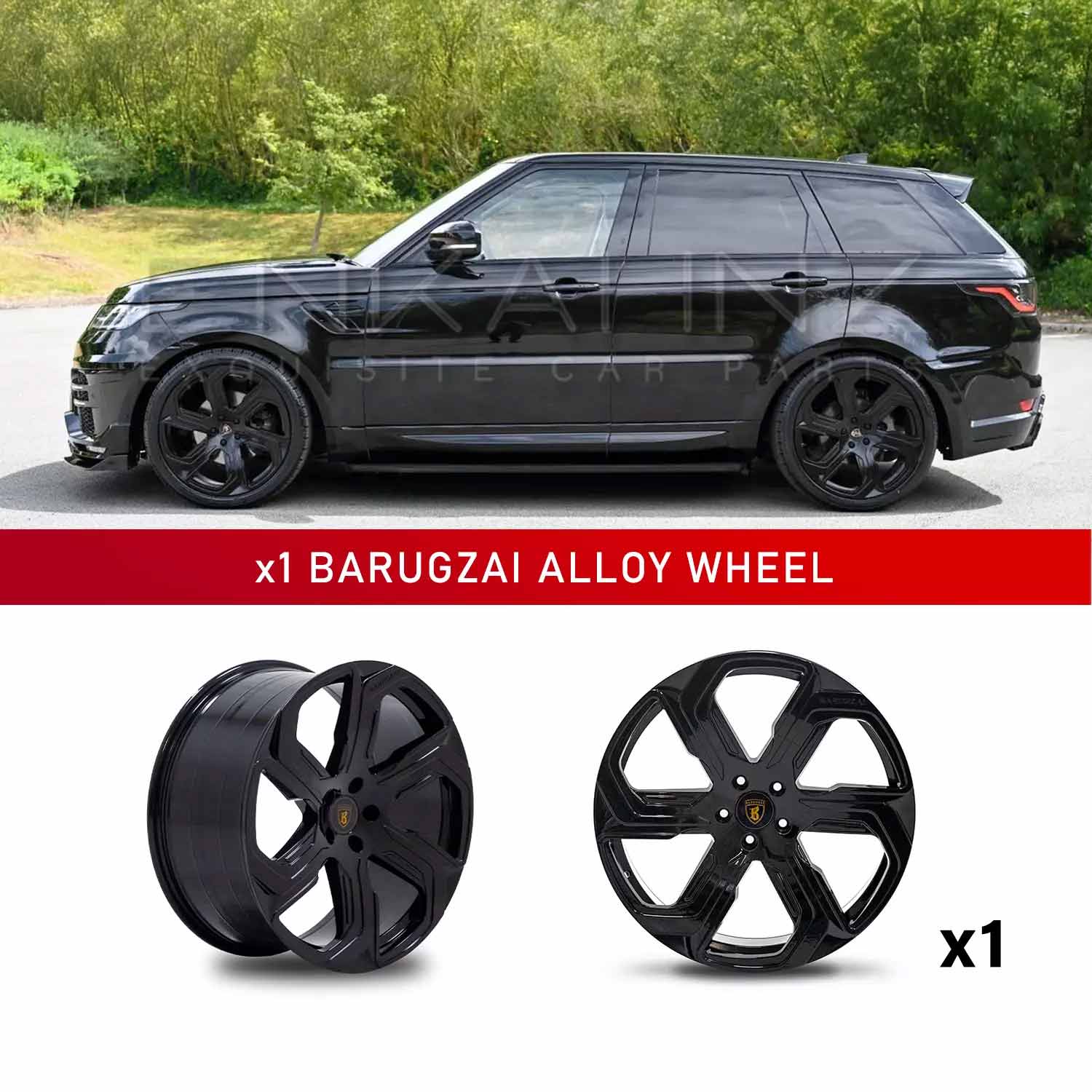 In context shot of a White Range Rover Sport L494 with Barugzai Sabre 22" Single alloy wheel in Gloss Black, displayed on a white background