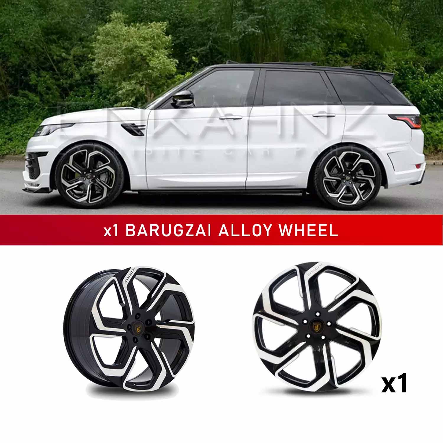 In context shot of a White Range Rover Sport L494 with Barugzai Sabre 22" Single alloy wheel in Gloss Black Polished Face, displayed on a white background