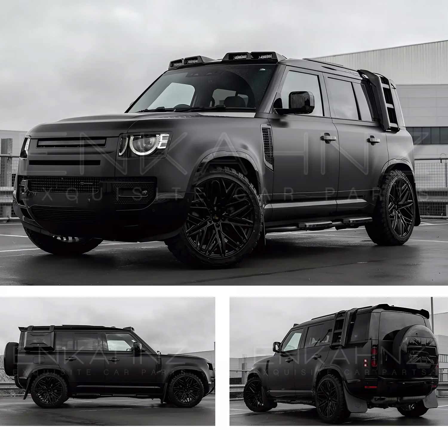Satin Black Land Rover Defender 110 L663 2020, parked in a parking lot. Fitted with Barugzai Shuracan 22" alloy wheels in Gloss Black 