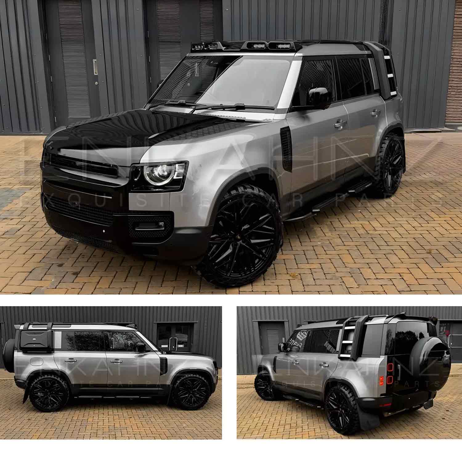 Silver Land Rover Defender 110 L663 2020, parked outside a warehouse. Fitted with Barugzai Shuracan 22" alloy wheels in Gloss Black 