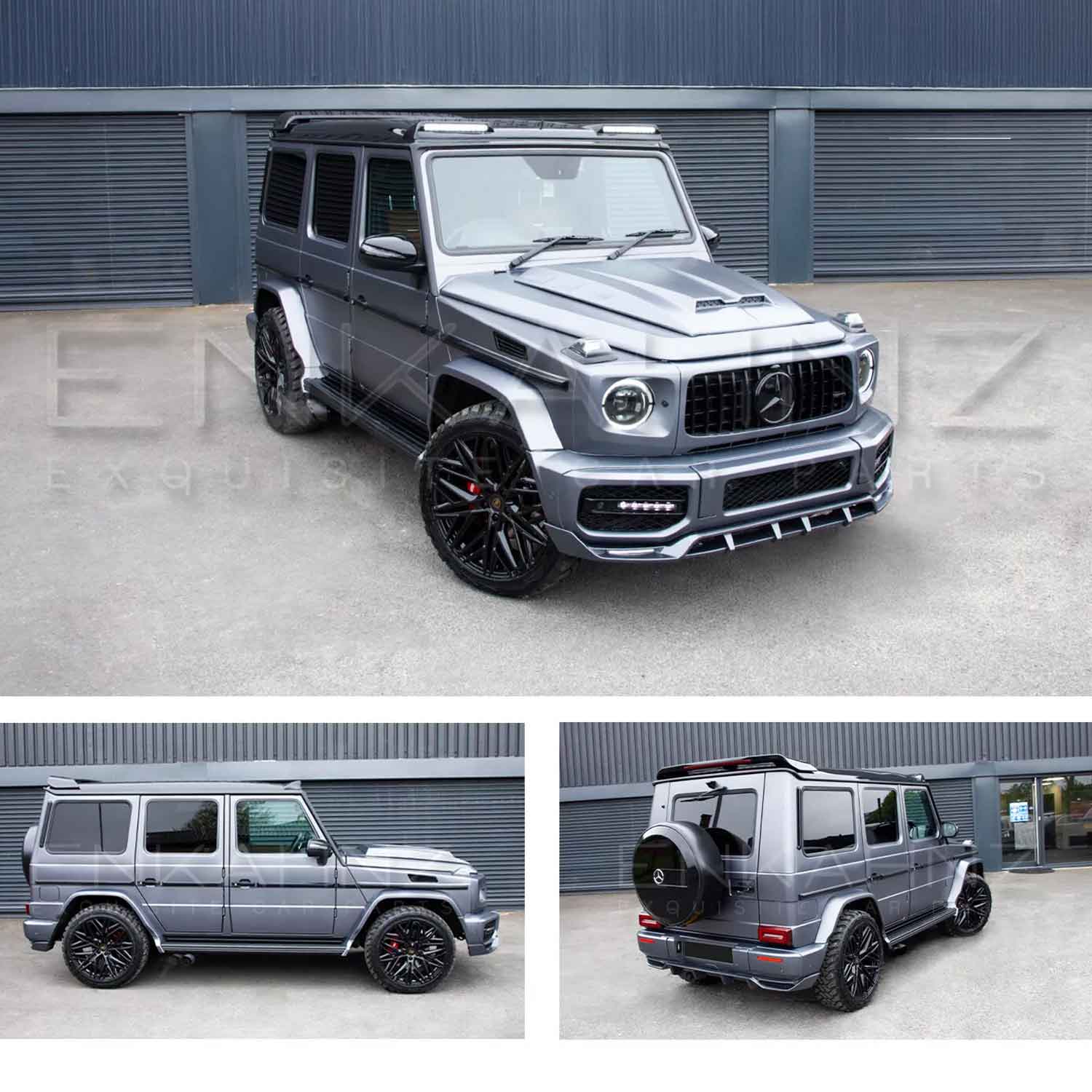 Silver Mercedes G Wagon W463A 1997-2018, shot outside Enkahnz HQ. Fitted with Barugzai Shuracan 22" alloy wheels in Gloss Black 