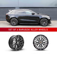 Load image into Gallery viewer, In context shot of a Black Range Rover Velar L560 with Barugzai Shuracan 22" alloy wheels in Gloss Black Polished Face, displayed on a white background
