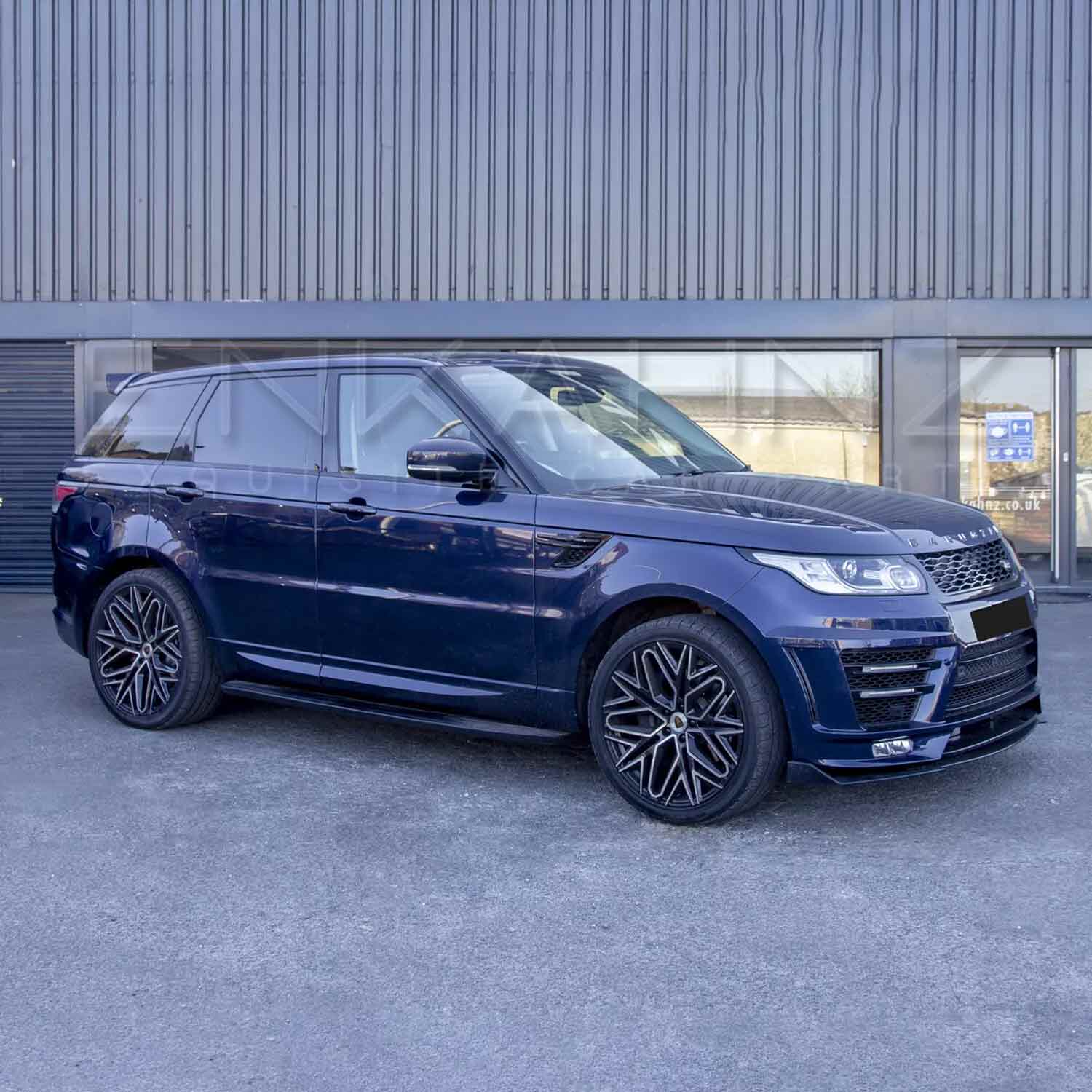 Blue Range Rover Sport L494 2013-2017, shown from different angles shot outside Enkahnz HQ. Fitted with Barugzai Shuracan 22" alloy wheels in Gloss Black Polished Face