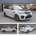 Load image into Gallery viewer, Light Grey Range Rover Sport L494 SVR 2018-2022, shown from different angles shot outside Enkahnz HQ. Fitted with Barugzai Shuracan 22" alloy wheels in Gloss Black Polished Face
