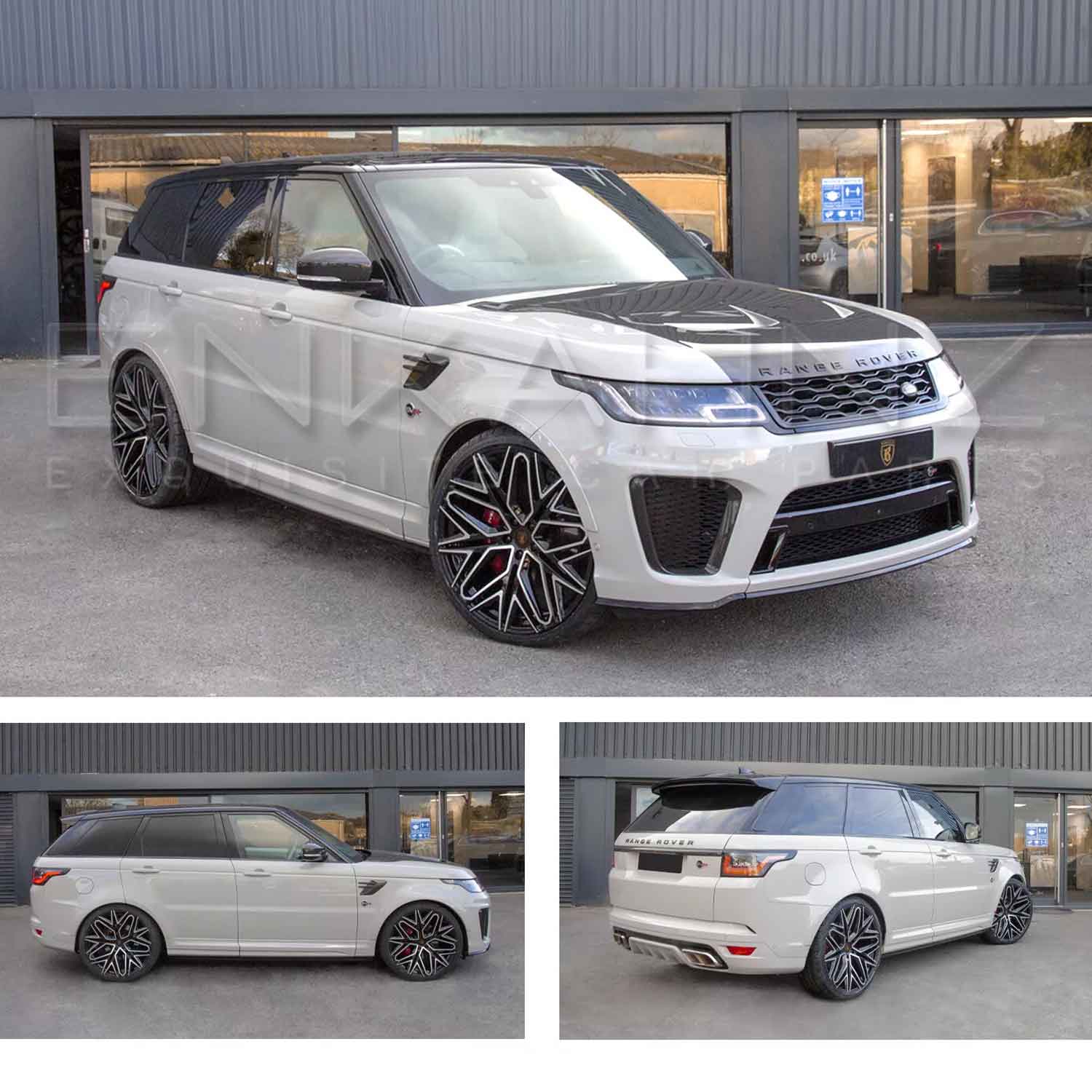 Light Grey Range Rover Sport L494 SVR 2018-2022, shown from different angles shot outside Enkahnz HQ. Fitted with Barugzai Shuracan 22" alloy wheels in Gloss Black Polished Face