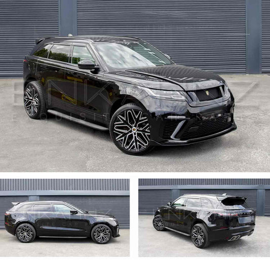Black Range Rover Velar L560 2017-2022, shown from different angles shot outside Enkahnz HQ. Fitted with Barugzai Shuracan 22" alloy wheels in Gloss Black Polished Face