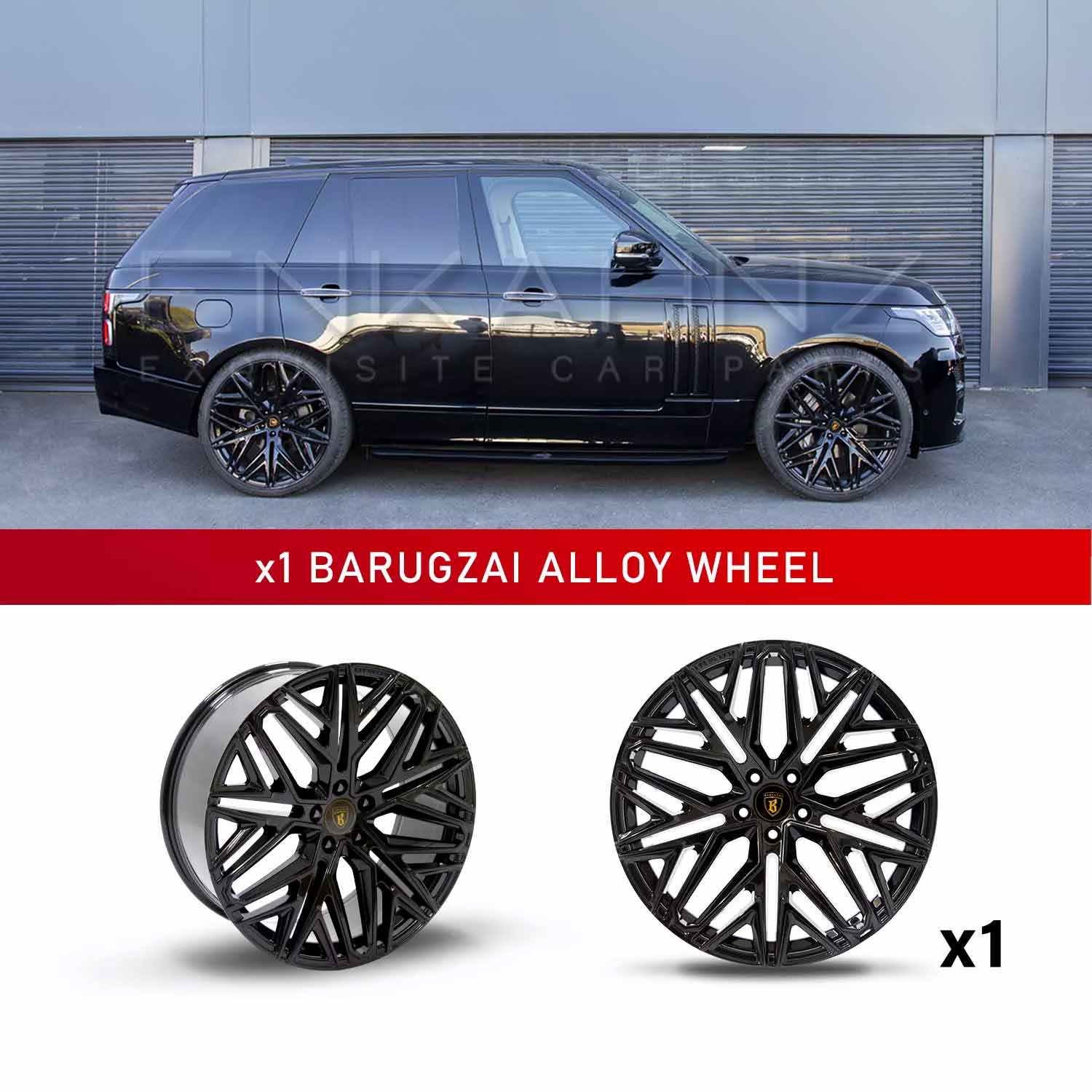 In context shot of a Black Range Rover L405 with Barugzai Shuracan 22" Single alloy wheel in Gloss Black, displayed on a white background