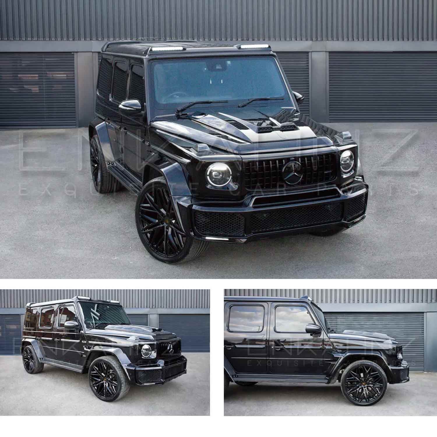 Black Mercedes G Wagon W463A 1997-2018, shot outside Enkahnz HQ. Fitted with Barugzai Shuracan 24" alloy wheels in Gloss Black 