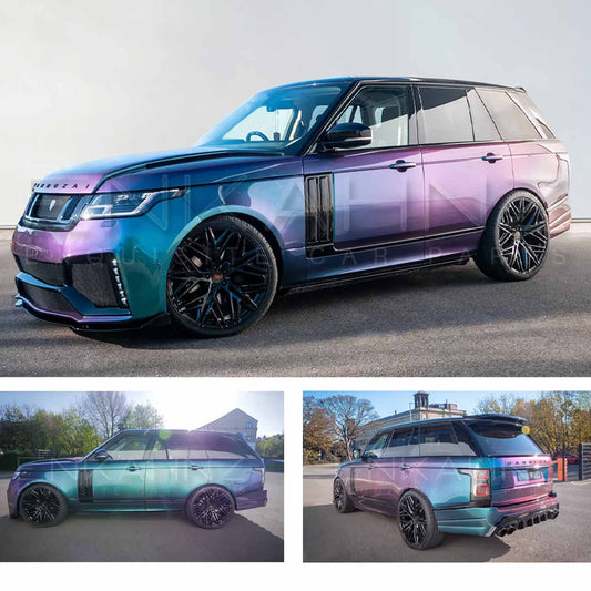 Chameleon Range Rover L405 2018-2021, fitted with Barugzai Bison bodykit, parked on a road with a grey background. Fitted with Barugzai Shuracan 24" alloy wheels in Gloss Black 