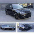 Load image into Gallery viewer, Black Range Rover L405 2018-2021, fitted with the SVO style bodykit, shot outside Enkahnz HQ. Fitted with Barugzai Shuracan 24" alloy wheels in Gloss Black 
