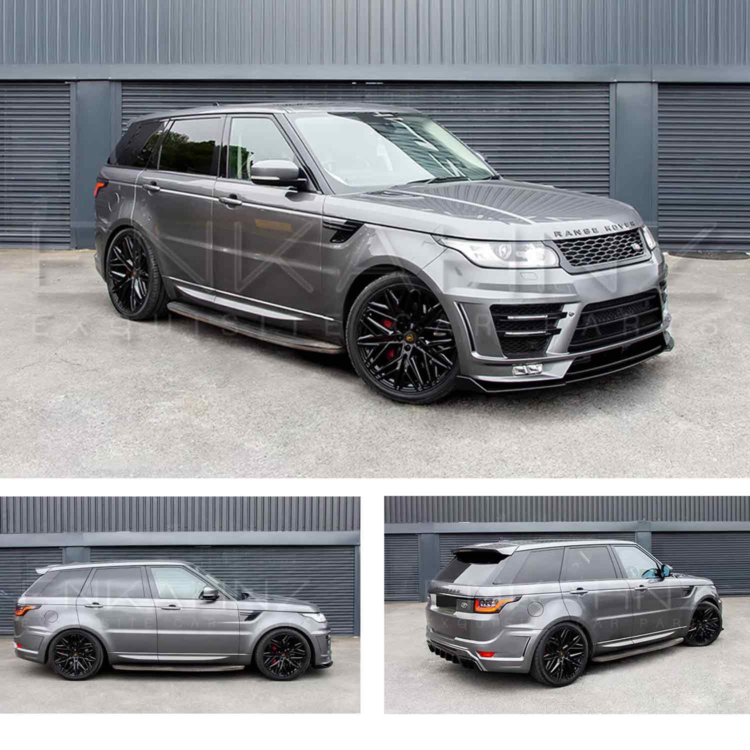 Silver Range Rover Sport L494 2013-2017, fitted with Barugzai Sport Aero bodykit, shot outside Enkahnz HQ. Fitted with Barugzai Shuracan 24" alloy wheels in Gloss Black 