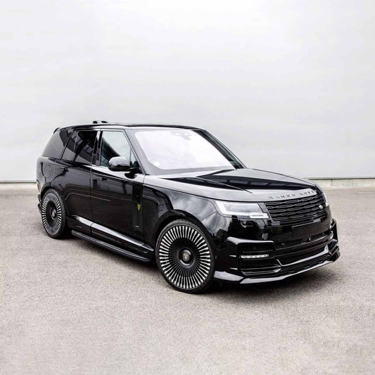 Black Range Rover L460 2022, fitted with Barugzai Nebula bodykit, shown front quarter angle, parked on a road with a grey background. Fitted with Barugzai Vortex Forged 24" alloy wheels in Gloss Black Polished