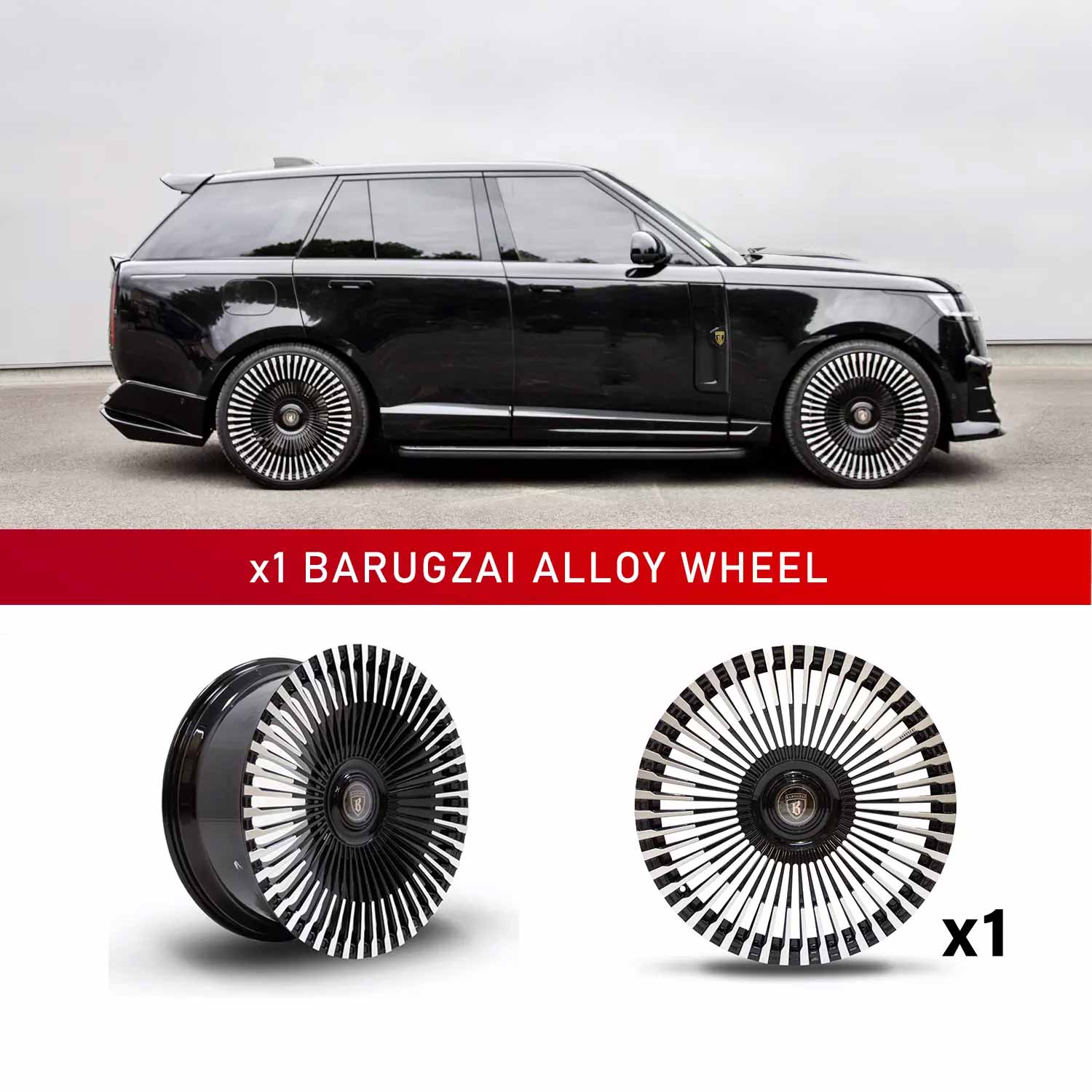 In context shot of a Black Range Rover L460 with Barugzai Vortex Forged 24" Single alloy wheel in Gloss Black Polished Face, displayed on a white background