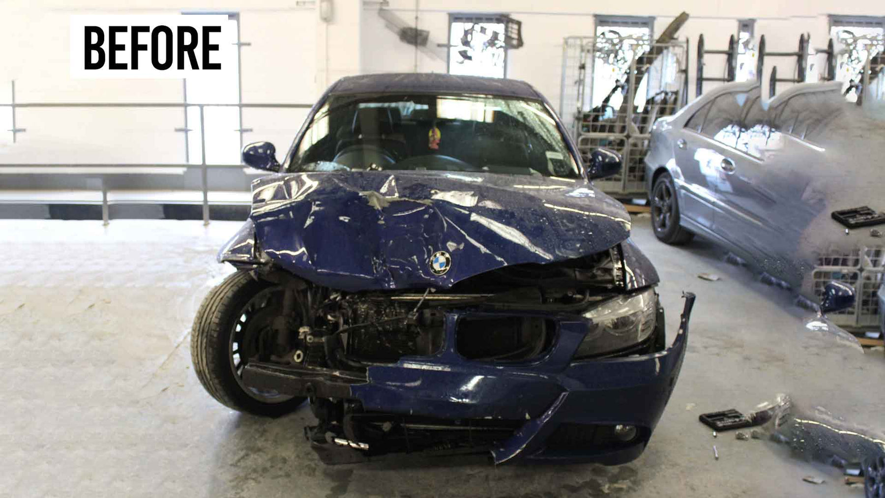 Wrecked and damaged BMW 3 series car before accident repair by Enkahnz 