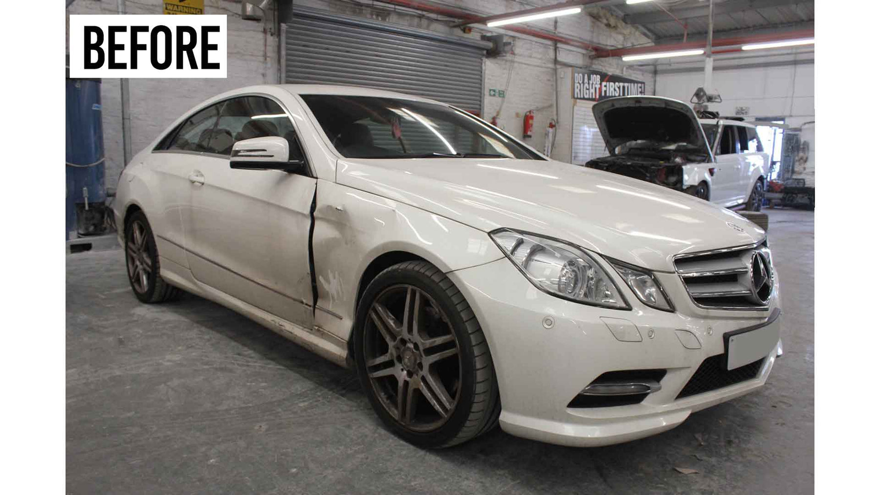 White Mercedes-Benz car, damaged in Enkahnz workshop, before accident repair. 