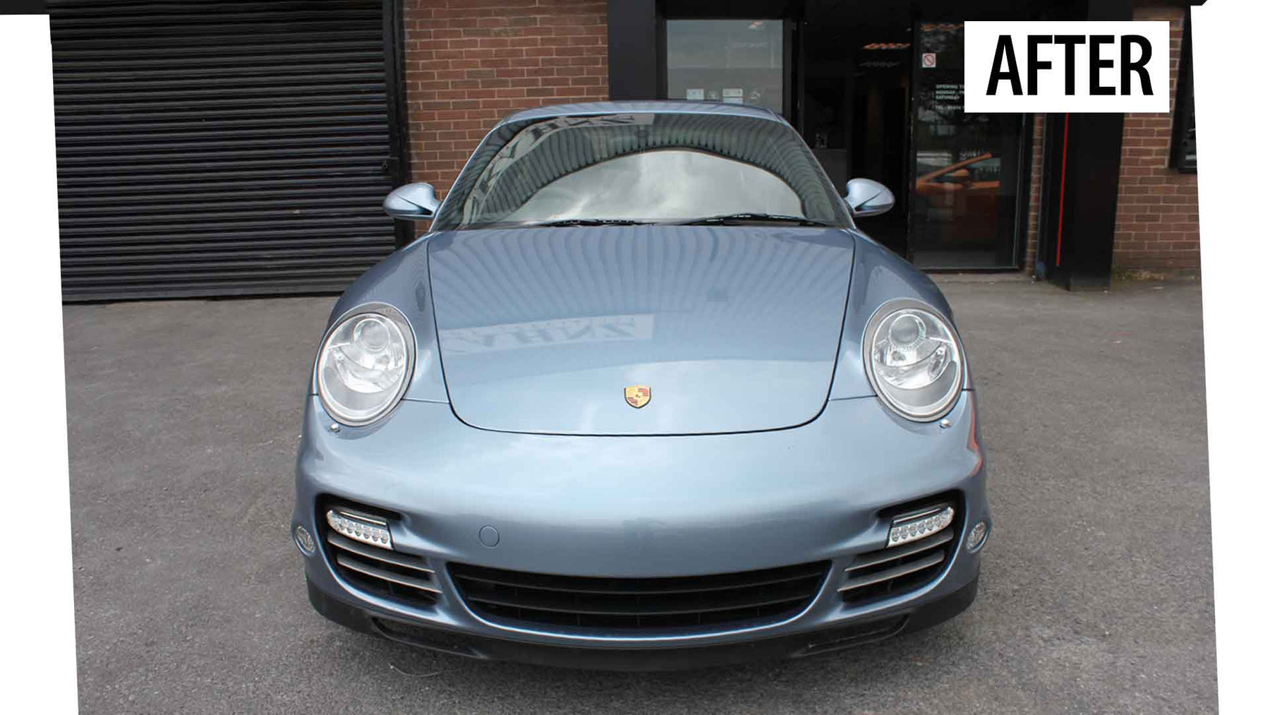 Blue Porsche car after accident repair damage, completed by Enkahnz