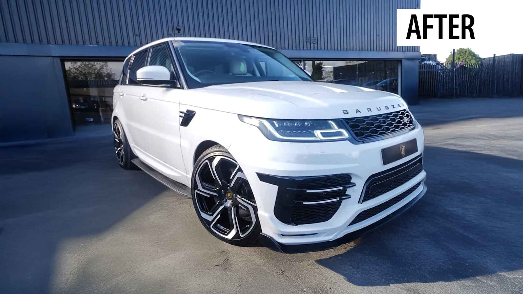 White Range Rover Sport L494 converted to Barugzai Sport Aero II parked in front of Enkahnz with 'AFTER' text overlay.