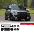 Load image into Gallery viewer, Land Rover Defender 110 L663 with additional parts labeled 'DEFENDER LM KIT' on a white background.
