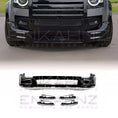 Load image into Gallery viewer, Zoomed in shot of Land Rover Defender 110 L663 with additional LM front spoiler and DRL lights on a white background
