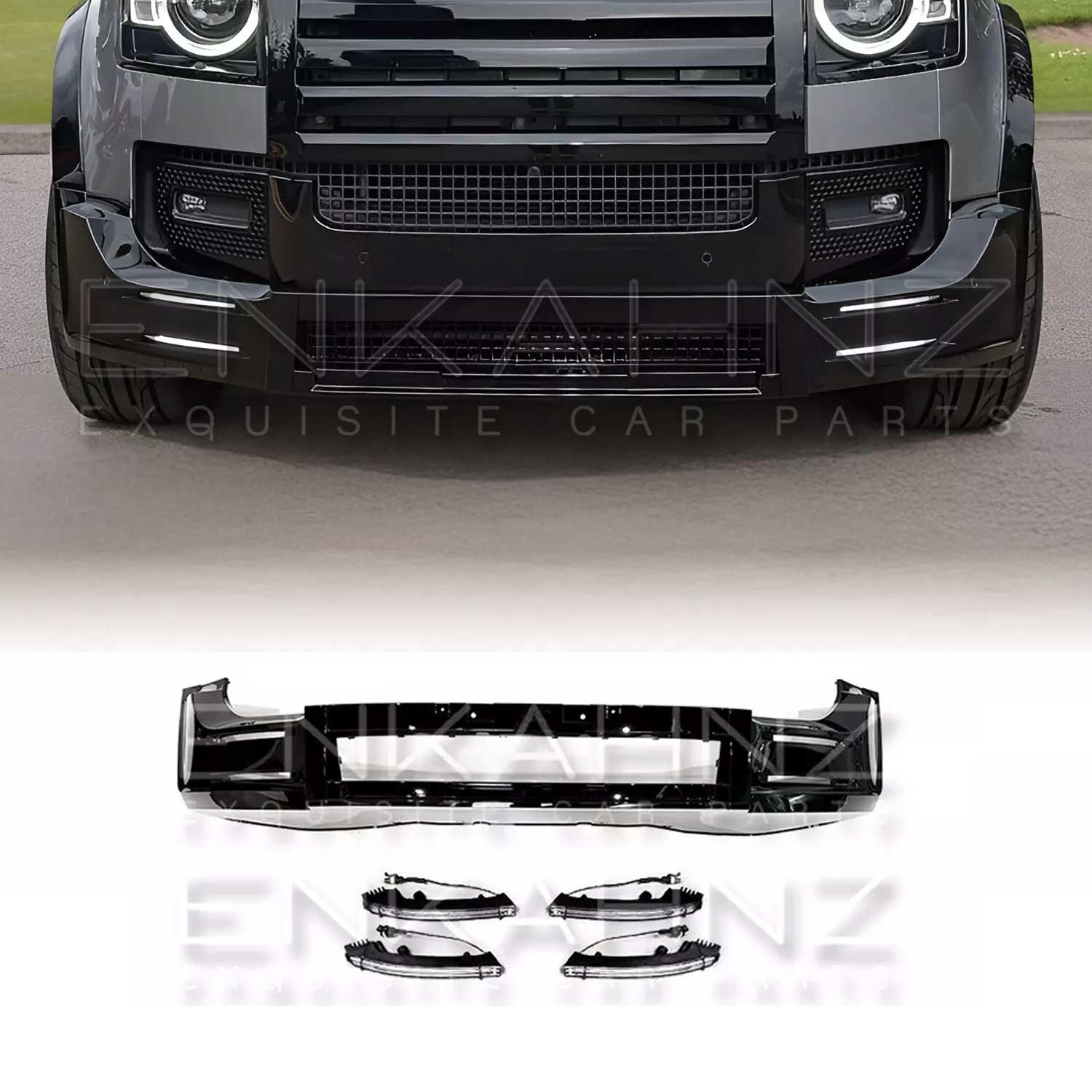 Zoomed in shot of Land Rover Defender 110 L663 with additional LM front spoiler and DRL lights on a white background