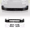 Load image into Gallery viewer, Zoomed in shot of Land Rover Defender 110 L663 with additional LM front spoiler and DRL lights, on a faded car, to reveal kit on a white background
