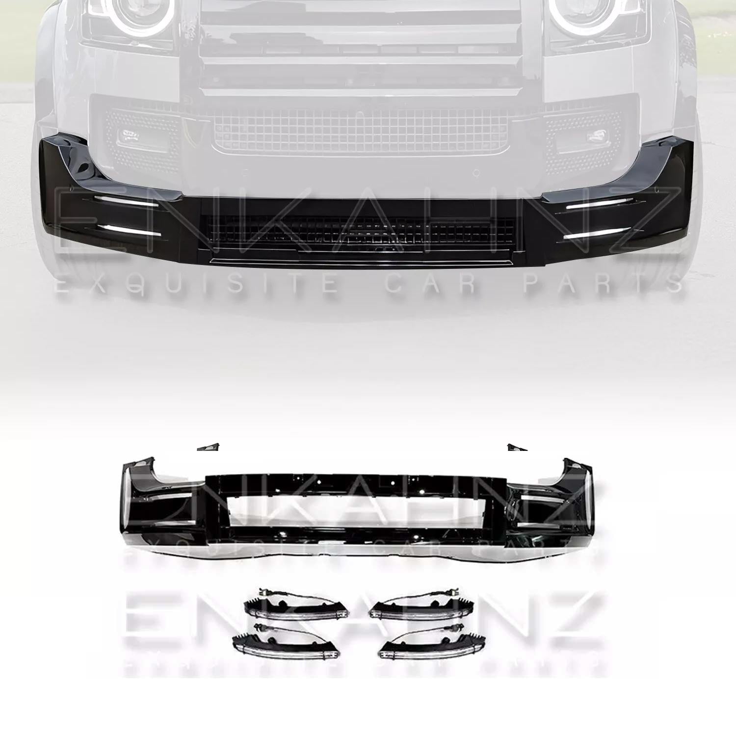 Zoomed in shot of Land Rover Defender 110 L663 with additional LM front spoiler and DRL lights, on a faded car, to reveal kit on a white background