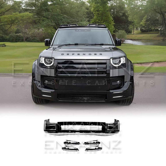 Front view of a Land Rover Defender 110 L663 with additional LM front spoiler and DRL lights on a white background