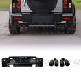 Load image into Gallery viewer, Zoomed in rear view of a Land Rover Defender 110 L663 with LM rear bumper and quad exhaust tips on a white background
