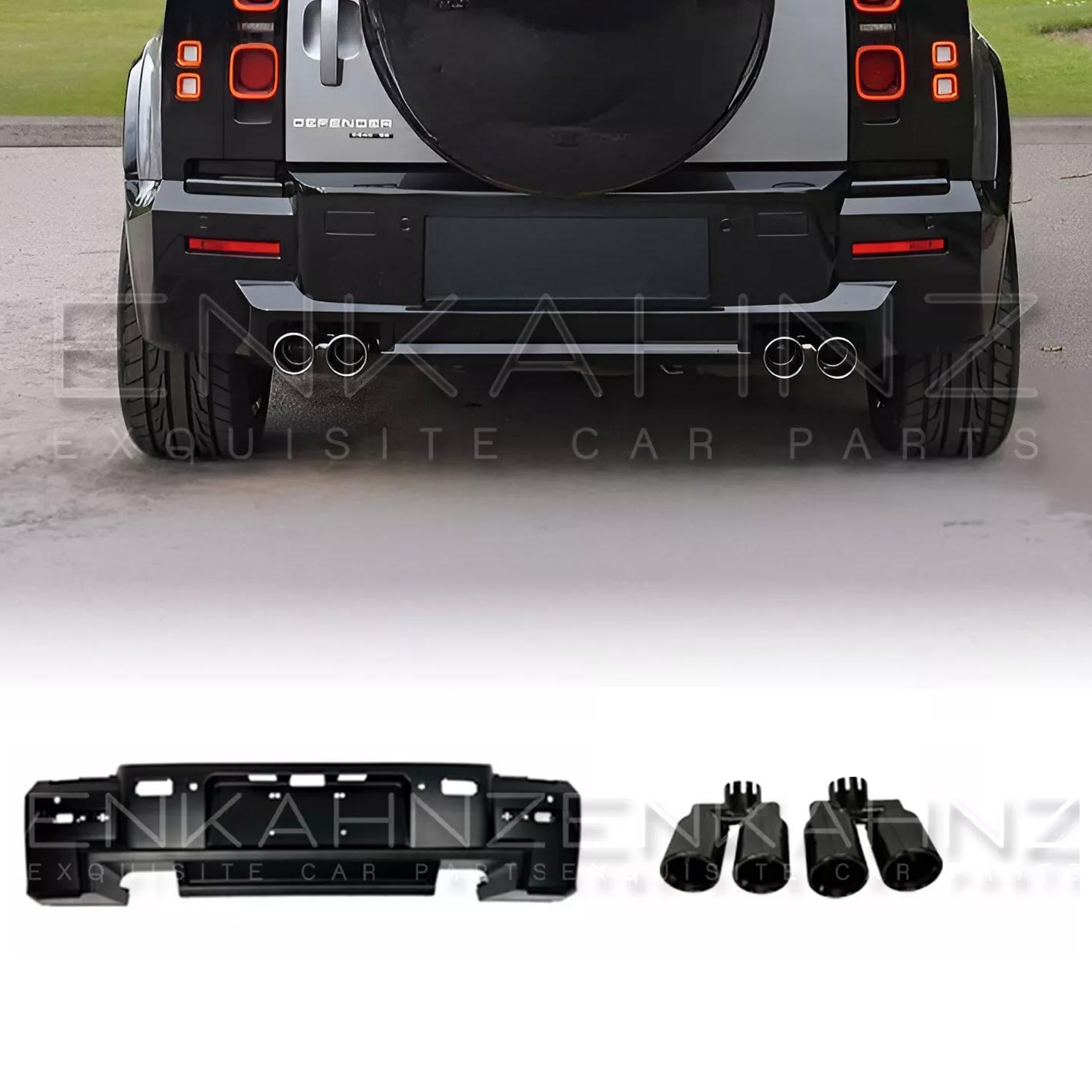 Zoomed in rear view of a Land Rover Defender 110 L663 with LM rear bumper and quad exhaust tips on a white background