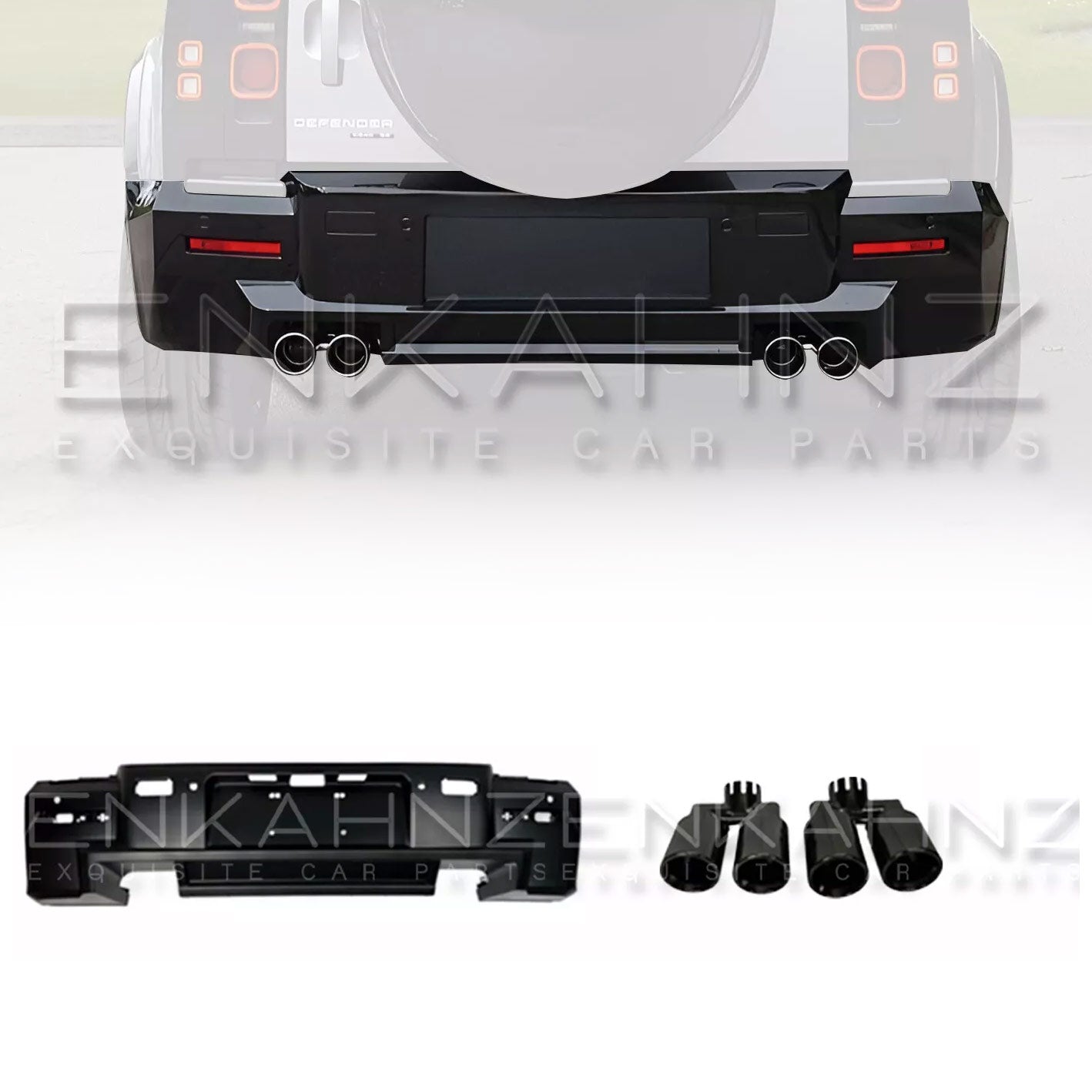 Zoomed in rear shot of Land Rover Defender 110 L663 with additional LM front spoiler and DRL lights, on a faded car, to reveal kit on a white background