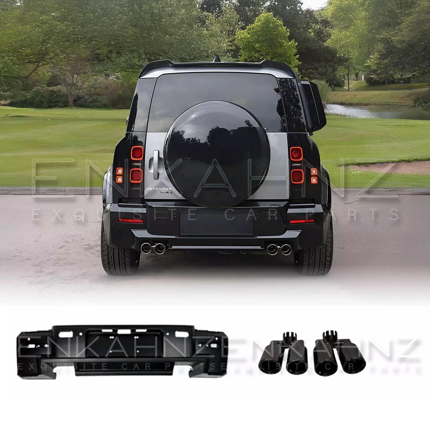 Rear view of a Land Rover Defender 110 L663 with LM rear bumper and quad exhaust tips on a white background