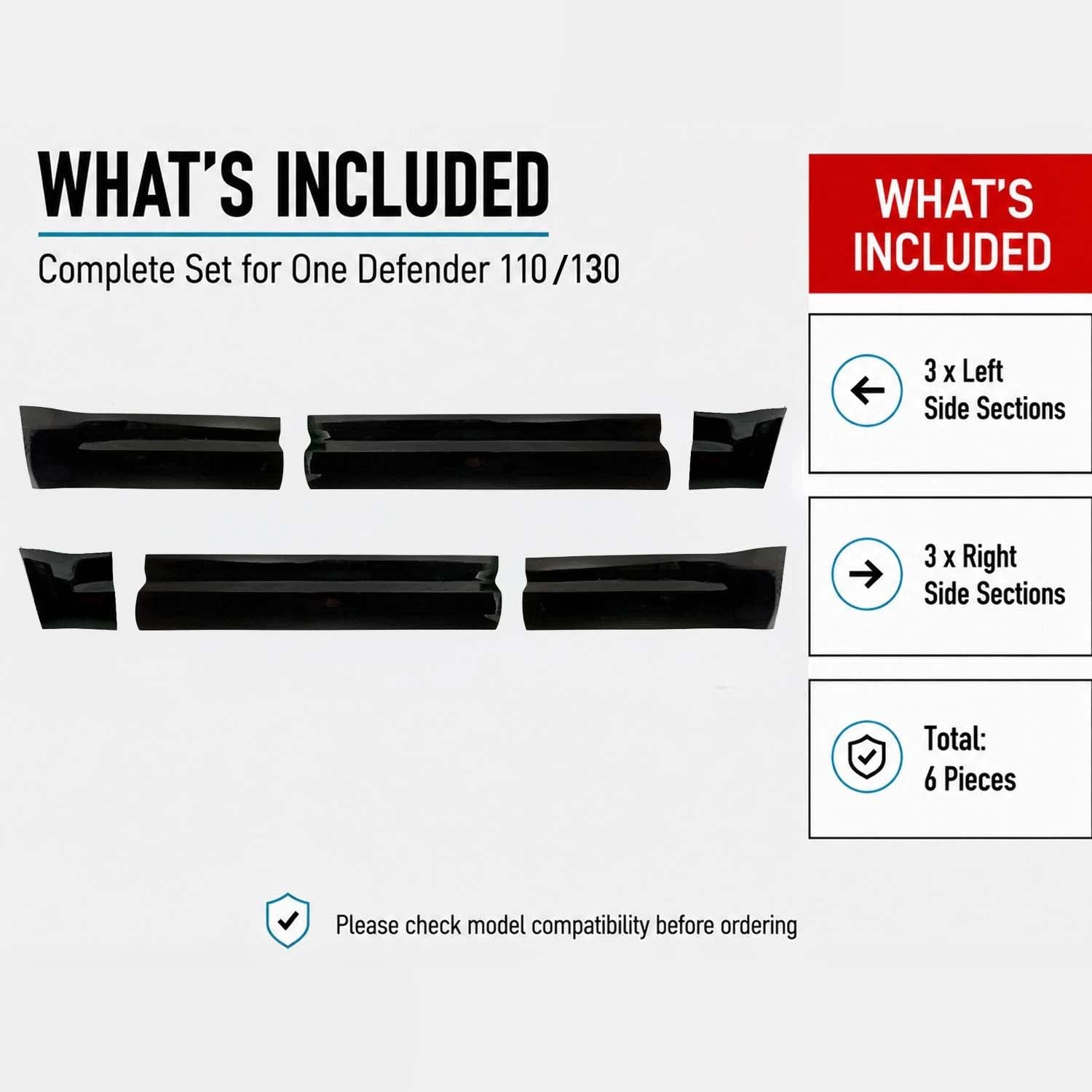 GLOSS BLACK 6-PIECE LOWER DOOR MOULDINGS FITS DEFENDER L663 110 / 130 2020+