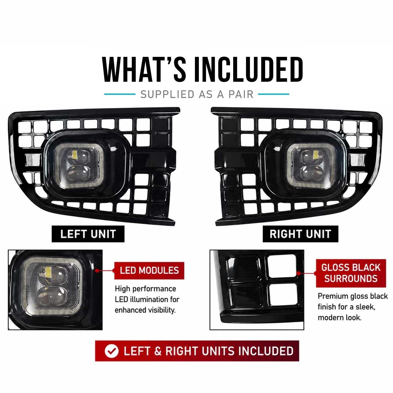 SQUARE STYLE LED FRONT FOG LIGHT KIT FITS DEFENDER L663 90 / 110 / 130