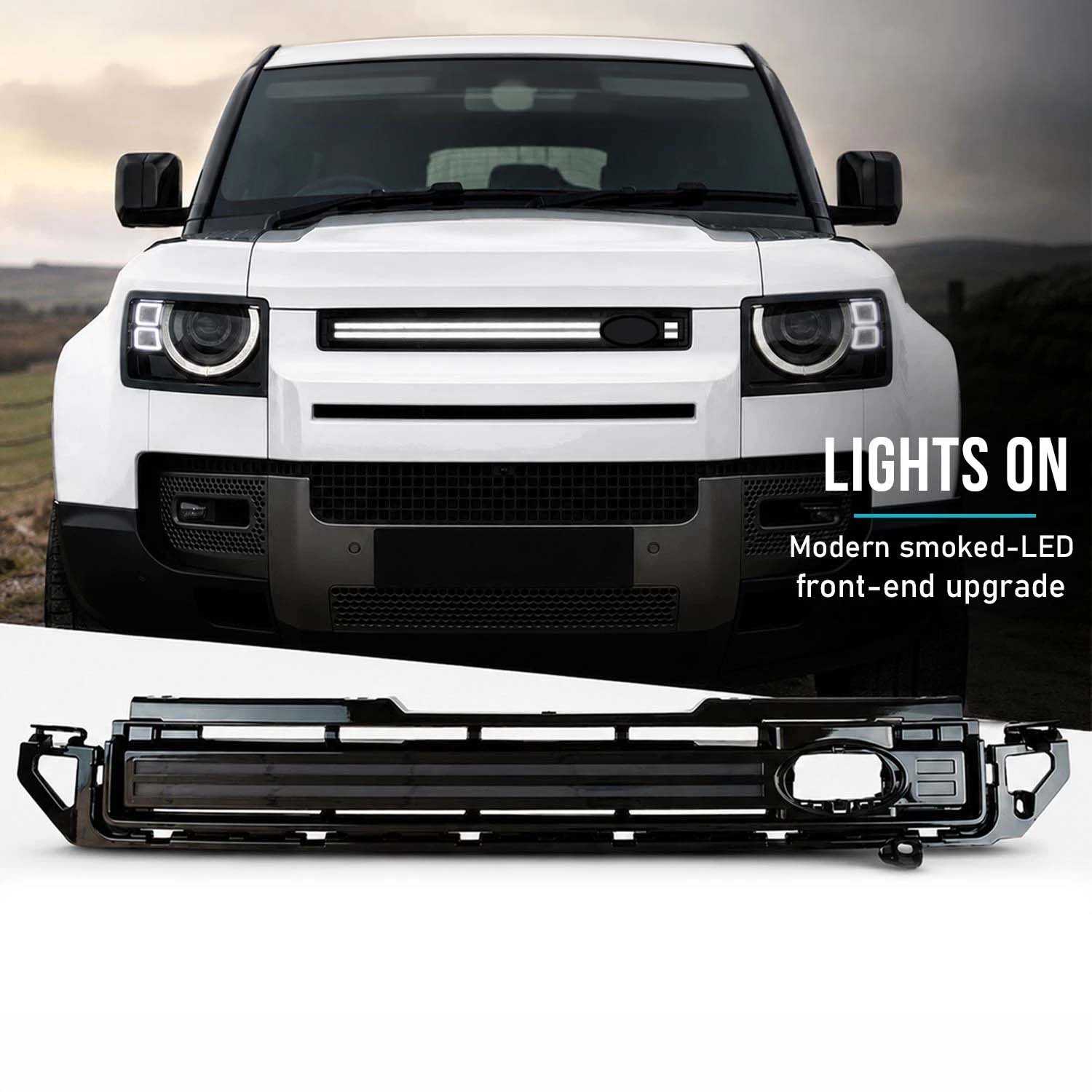 SMOKED LED GLOSS BLACK FRONT GRILLE FITS DEFENDER L663 90 / 110 / 130 2020+