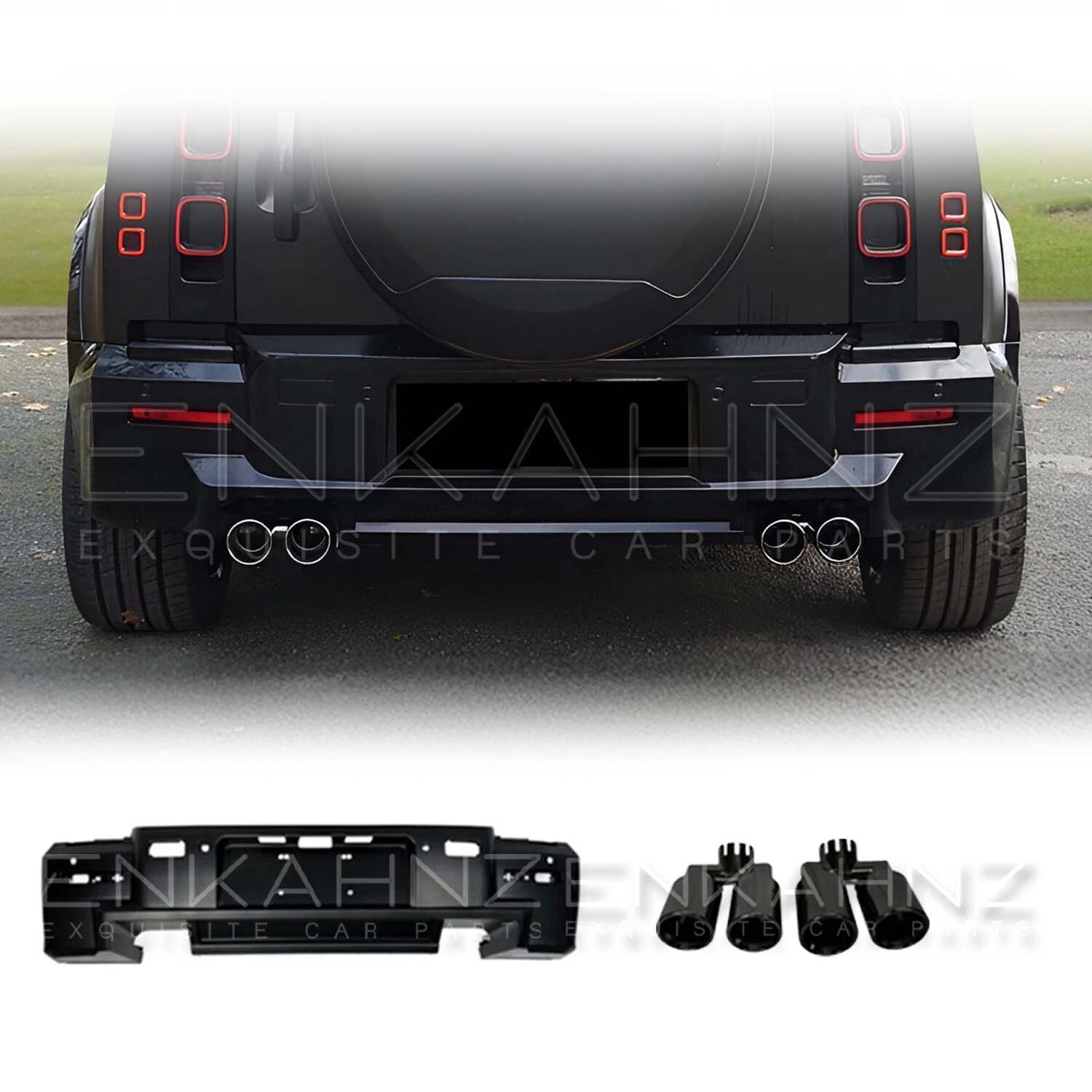 LM STYLE GLOSS BLACK REAR BUMPER WITH EXHAUST TIPSFITS DEFENDER 90/110 L663 2020+