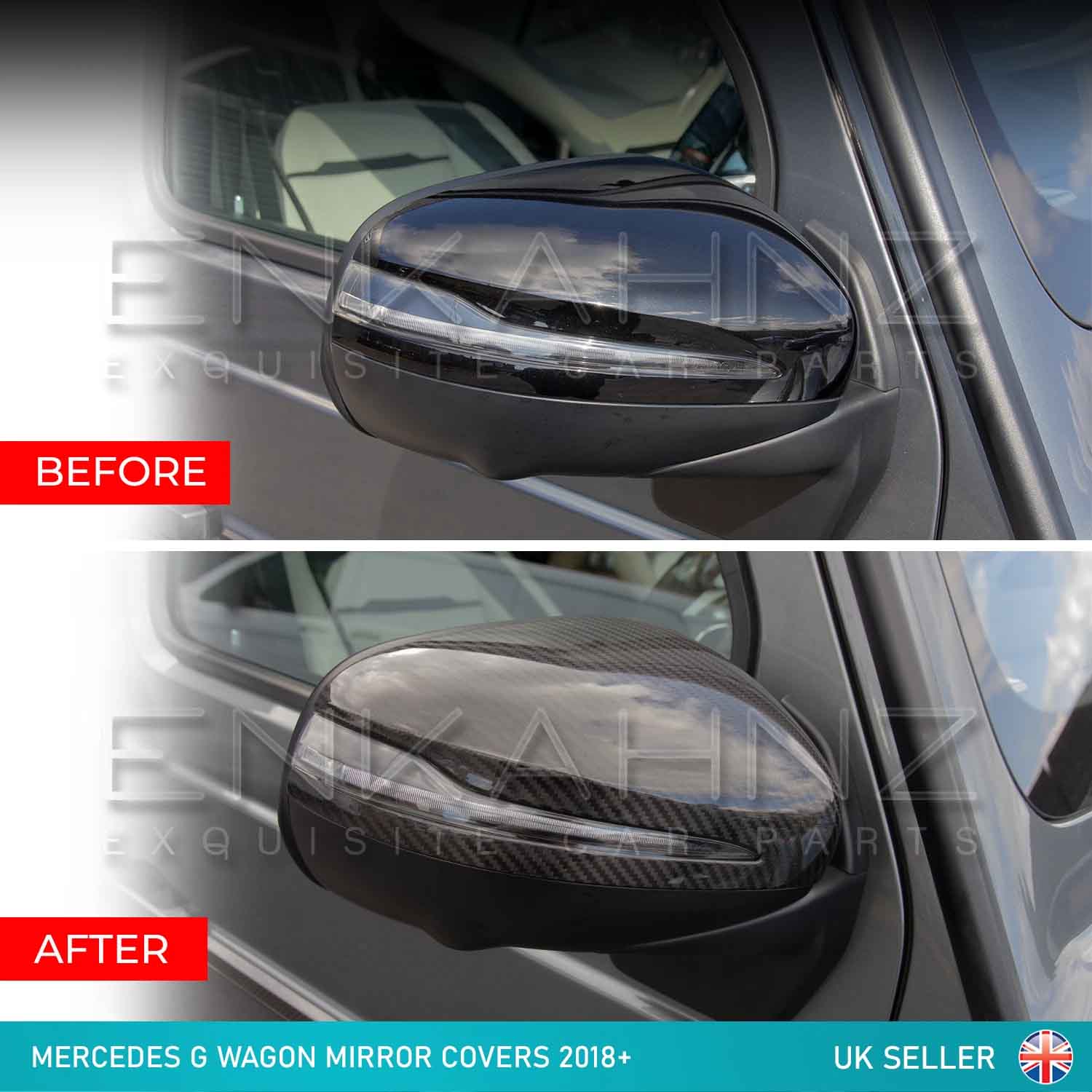 Before and after comparison of Mercedes G Wagon mirror covers supplied by Enkahnz 