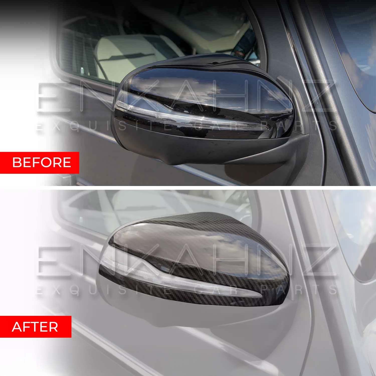 Before and after comparison of Mercedes G Wagon mirror covers, reveal, supplied by Enkahnz 