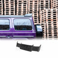 Load image into Gallery viewer, Side view of Purple Mercedes G Wagon G Class W463A SUV with gloss black wheels fitted with real Carbon Fibre BRBS style Rear Roof Spoiler in front of stacked pallets
