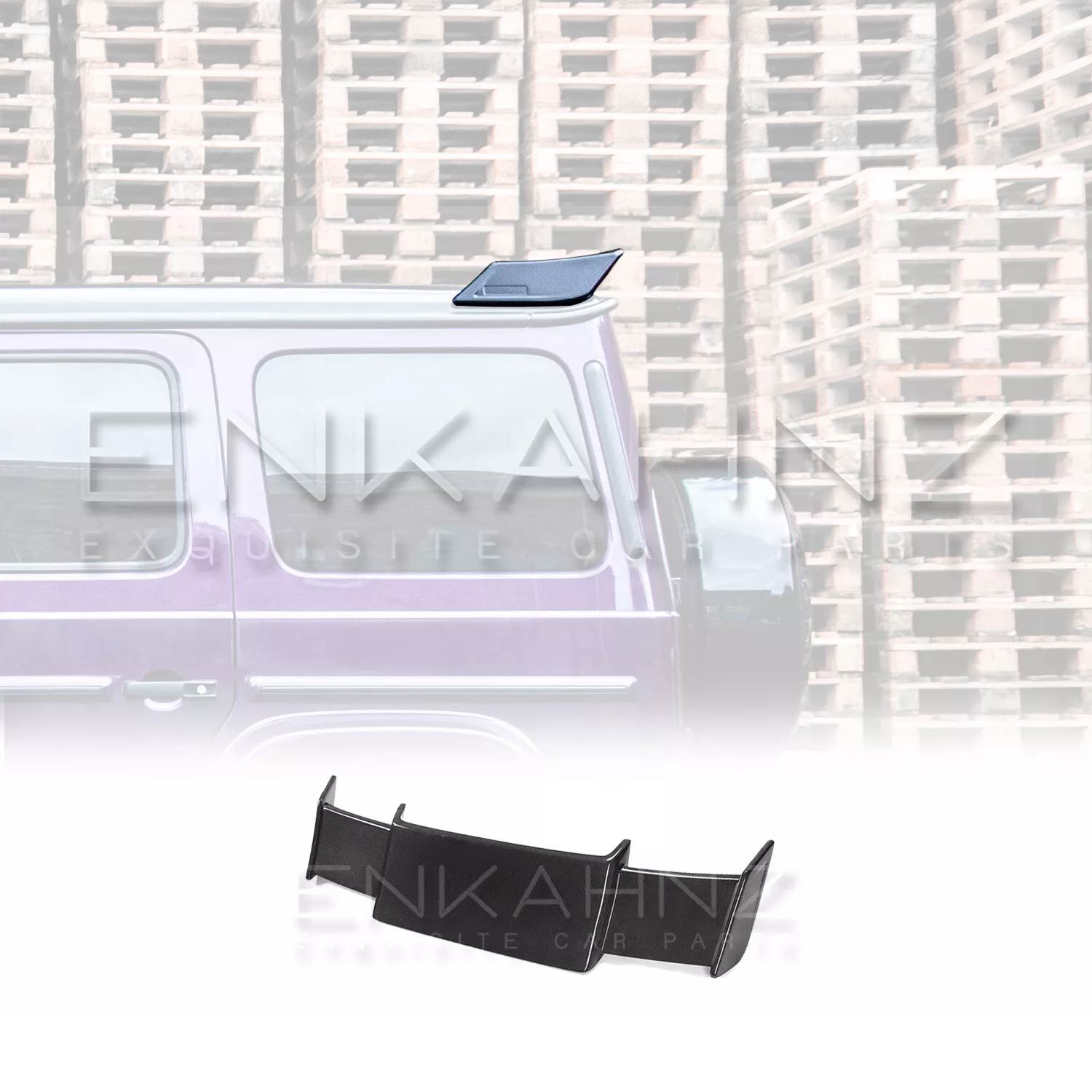 Side view of Purple Mercedes G Wagon G Class W463A SUV with gloss black wheels fitted with real Carbon Fibre BRBS style Rear Roof Spoiler in front of stacked pallets, kit reveal. 