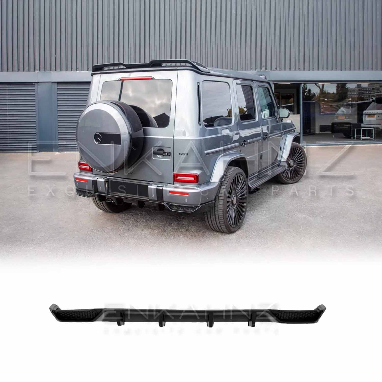 Rear view of a Gray Mercedes-Benz G-Class SUV W463A with rear lip add on  component displayed on a white background