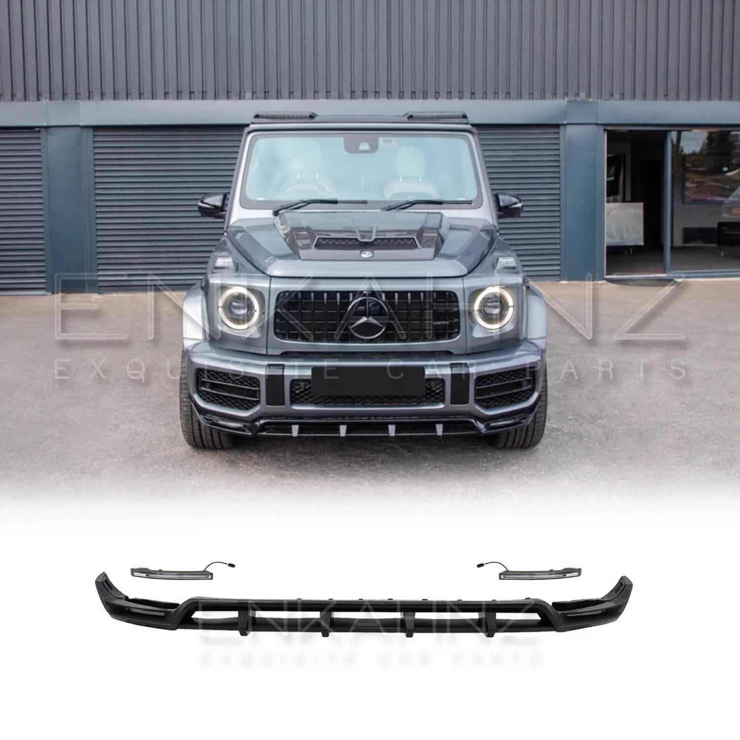 Front view of Gray Mercedes-Benz G-Class SUV W463A with front lip + DRL's  add on components displayed on a white background.