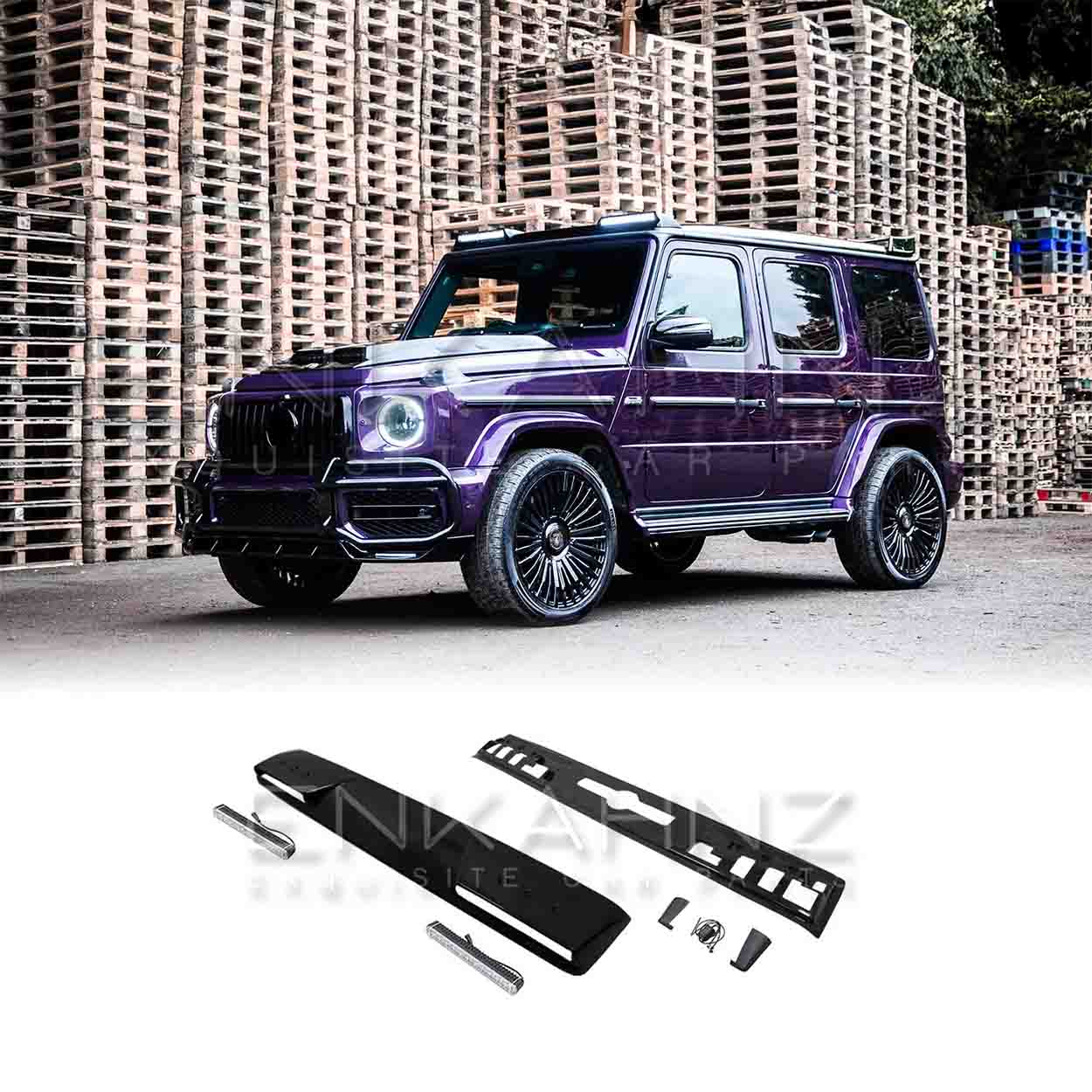 Front quarter view of a Purple Mercedes-Benz G-Class fitted with a Roof LED Light Bar in Gloss Black on a white background