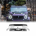 Load image into Gallery viewer, Front view close up of a Purple Mercedes-Benz G-Class fitted with a Roof LED Light Bar in Gloss Black on a white background
