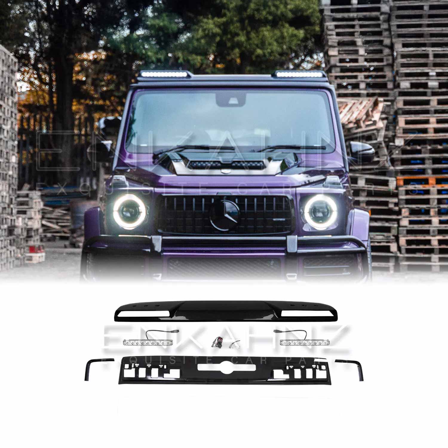 Front view close up of a Purple Mercedes-Benz G-Class fitted with a Roof LED Light Bar in Gloss Black on a white background